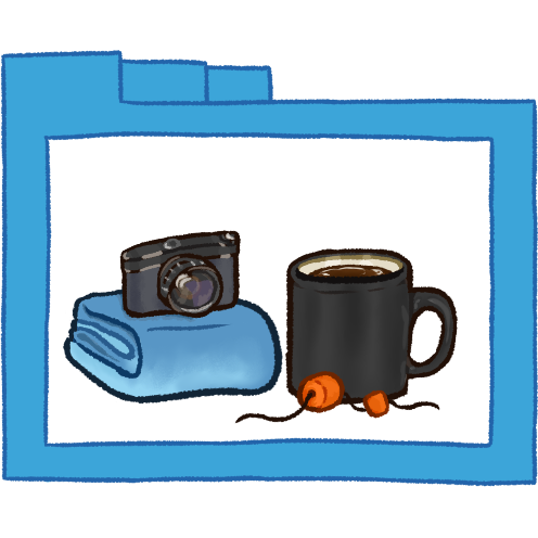 A hollow blue folder with thin lineart. It contains a black mug with dark brown liquid inside of it, two orange beads on a string, a folded blue blanket, and a black camera sitting on top of the blanket.